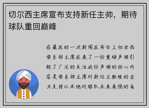 切尔西主席宣布支持新任主帅，期待球队重回巅峰